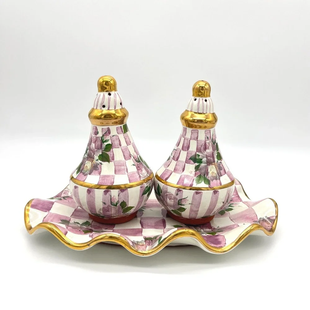 Retired MacKenzie-Childs Rose Petal Salt Pepper‎ Shakers with Tray Pink Floral